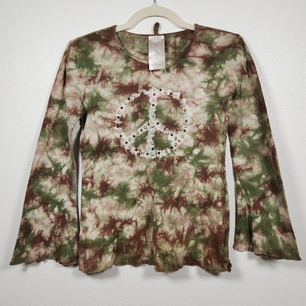 Vintage Knit Works Tie Dye Long Sleeve Peace Sign Shirt Top Boho Hippie